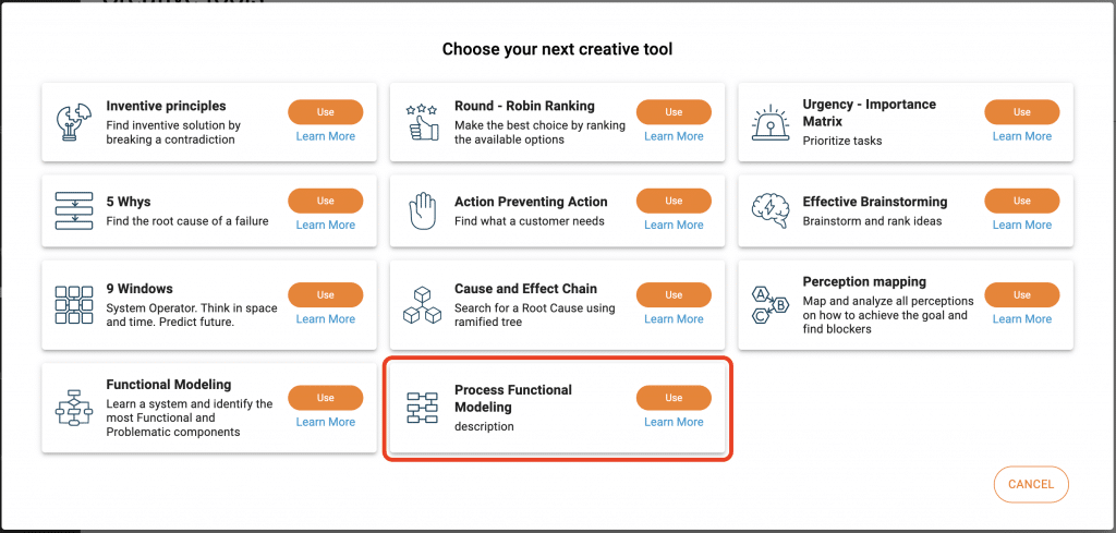 Process functional model tool selector