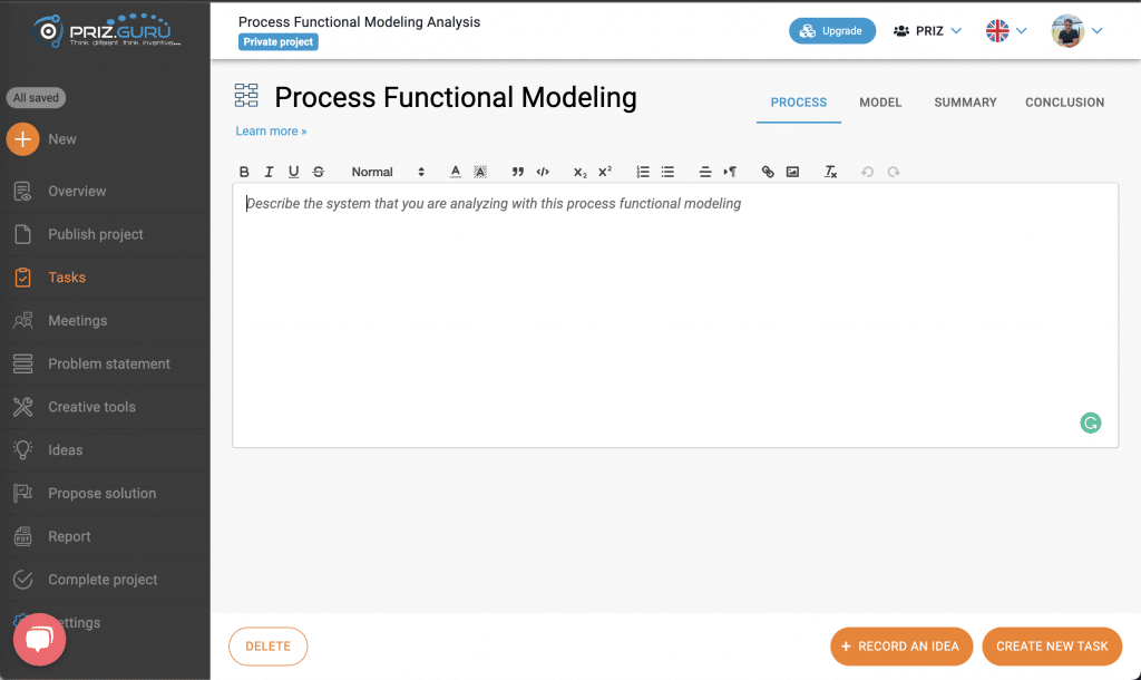 Process functional modeling process tab