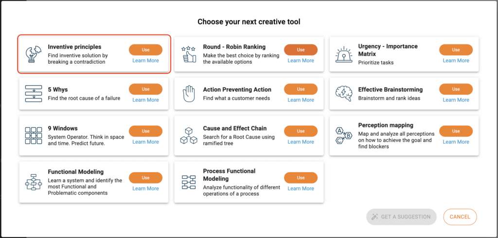 Inventive Principles tool selection