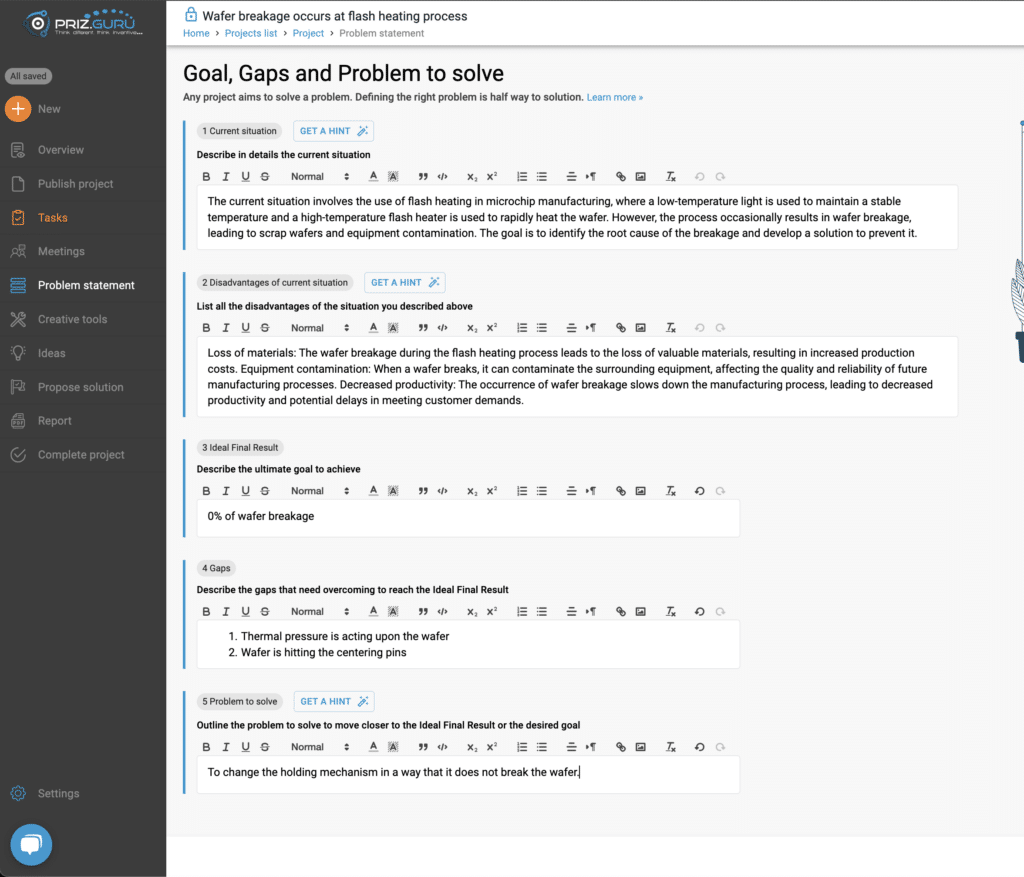 Problem statement page in PRIZ Platform