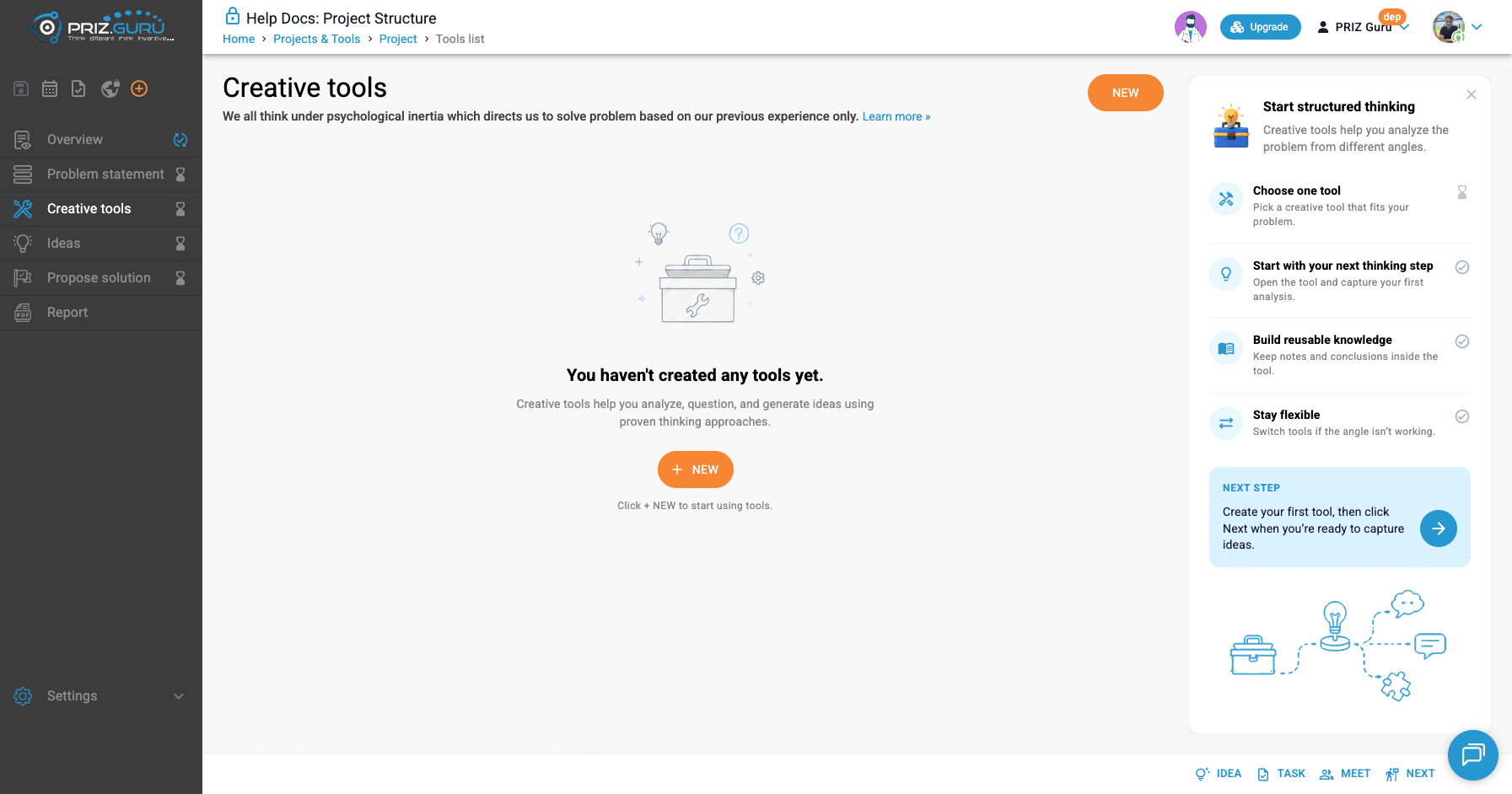 A new project has no tools yet. Click New to open the tool picker. Start structured thinking is on the right.