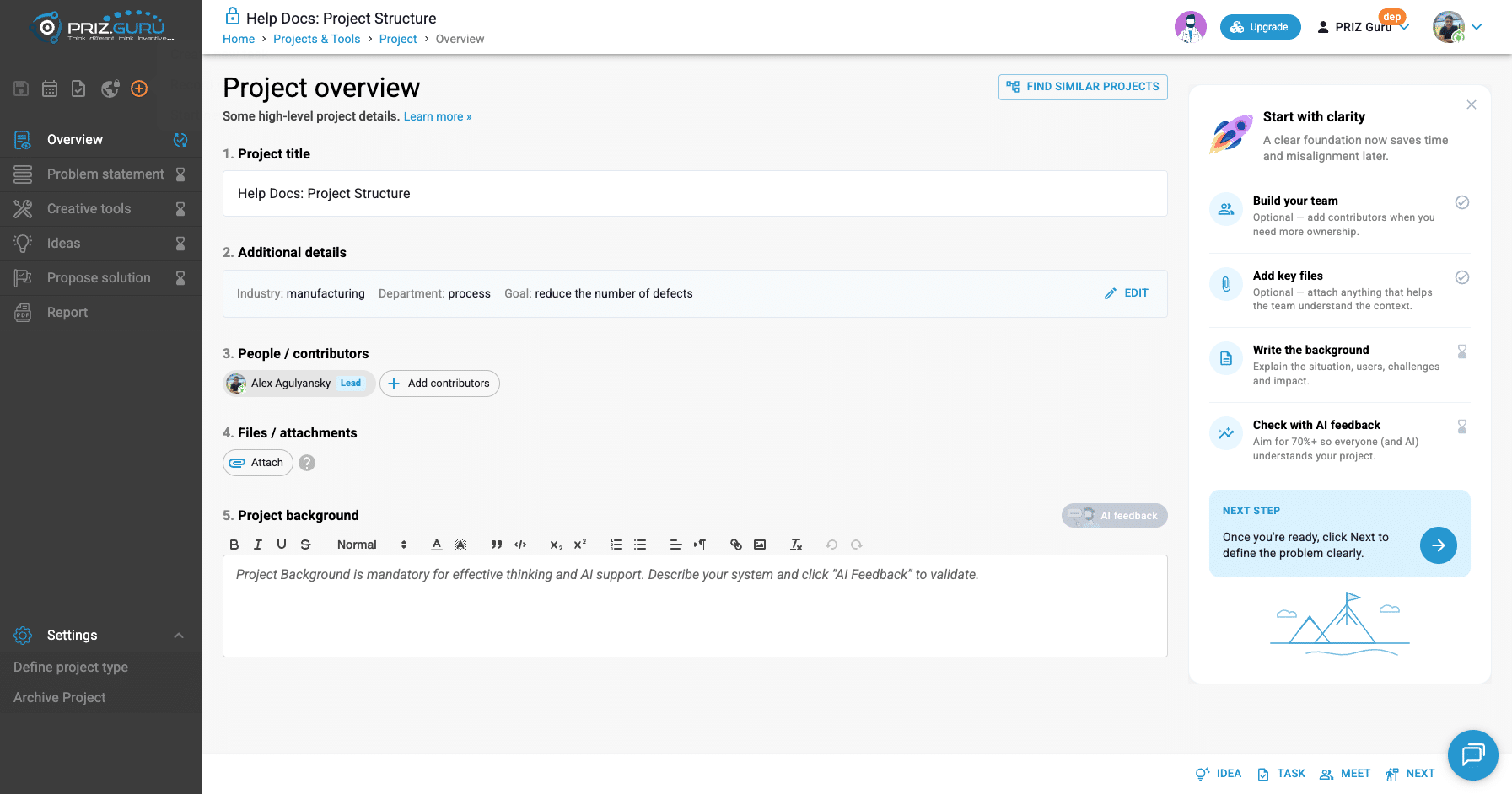 Settings at the bottom of the sidebar. Archive replaces the old Complete Project action. Archived projects become read-only.