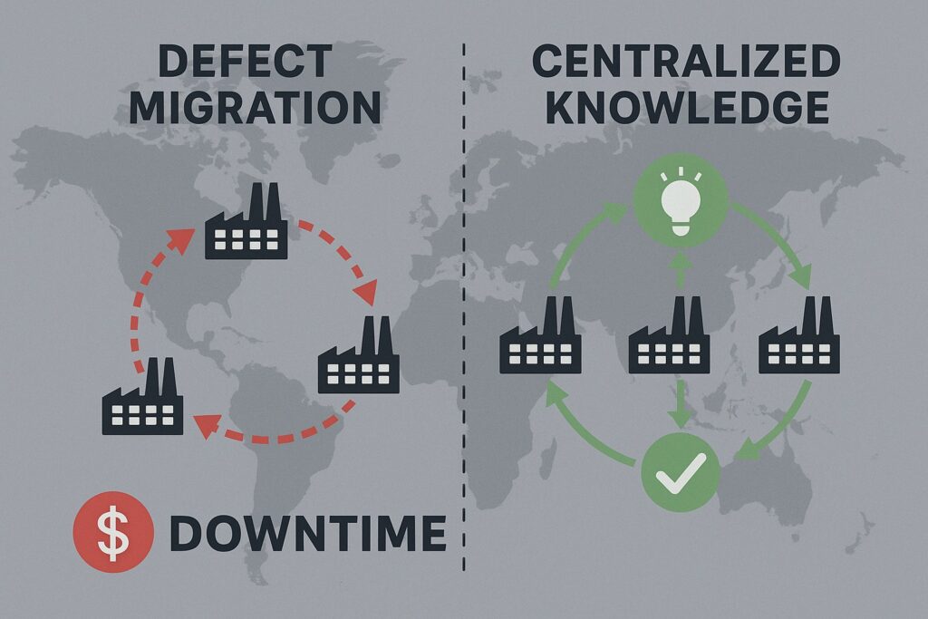 Global infographic illustrating the cost of fragmented QA communication and lost knowledge sharing.