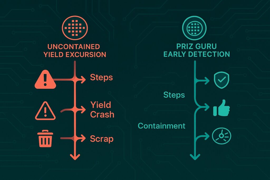 Timeline showing PRIZ Guru tools—CEC, PFM, 9 Windows—containing a yield excursion to protect production yield