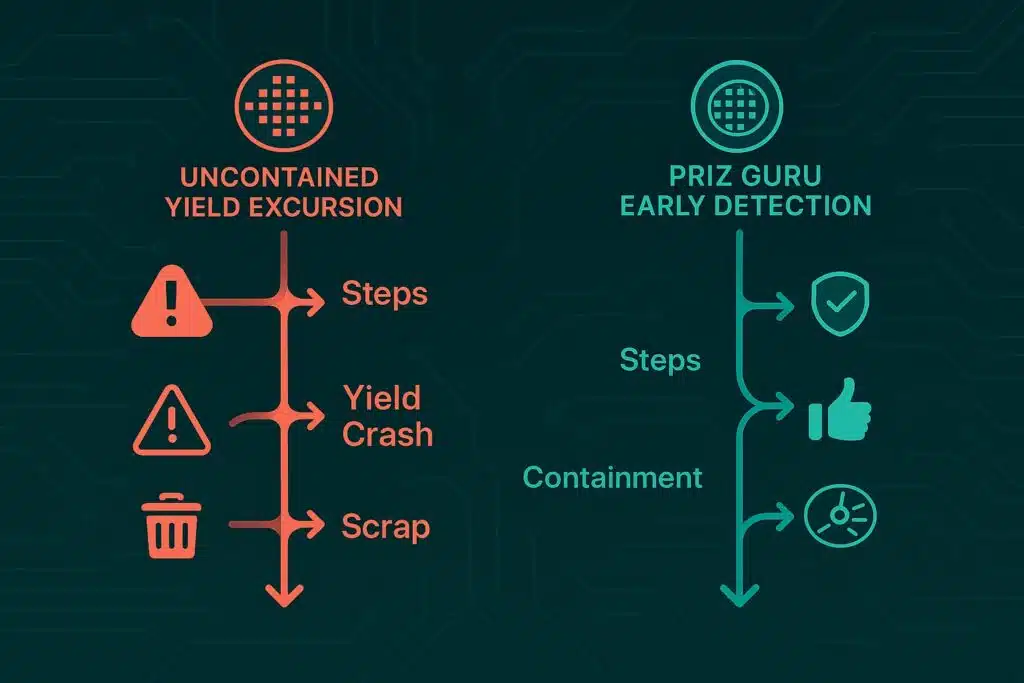 Timeline showing PRIZ Guru tools—CEC, PFM, 9 Windows—containing a yield excursion to protect production yield