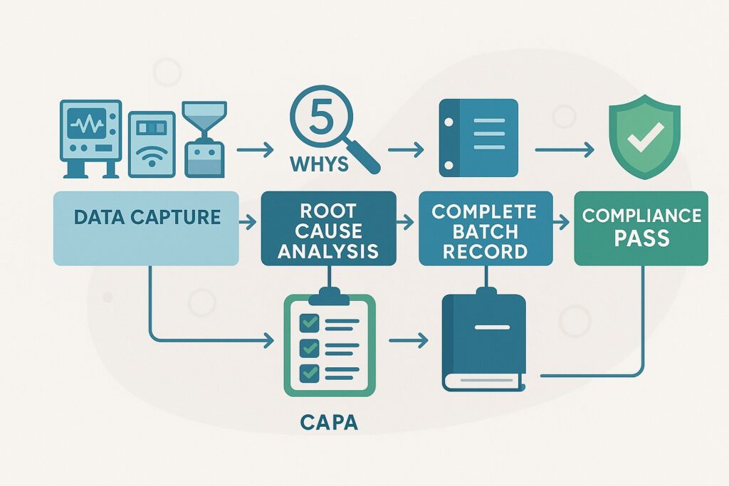 Infographic illustrating a five-step process for achieving regulatory compliance by linking data capture, CAPA closure, and batch record verification with PRIZ Guru.
