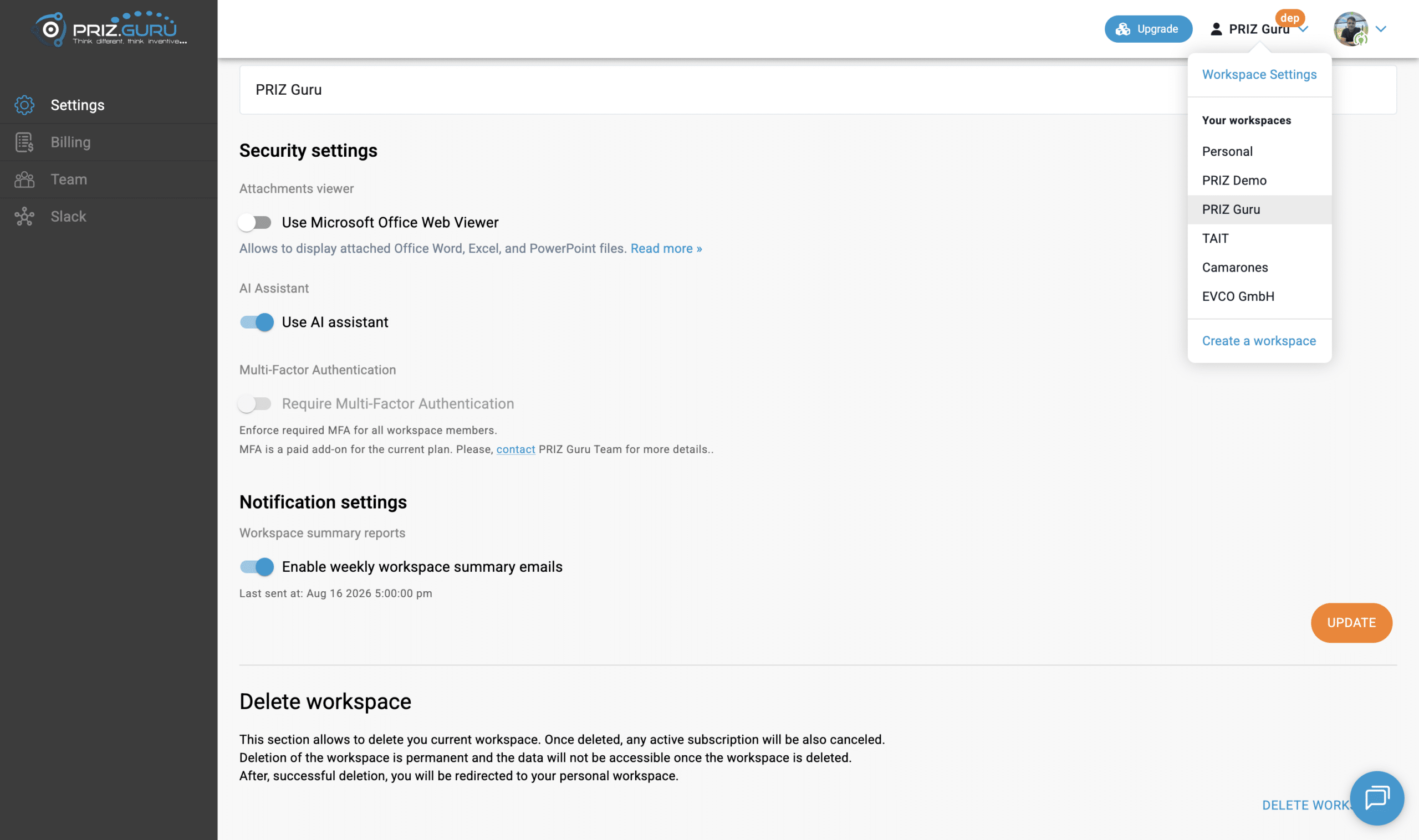 Workspace selector: Workspace Settings (admins), your workspaces, and Create a workspace.