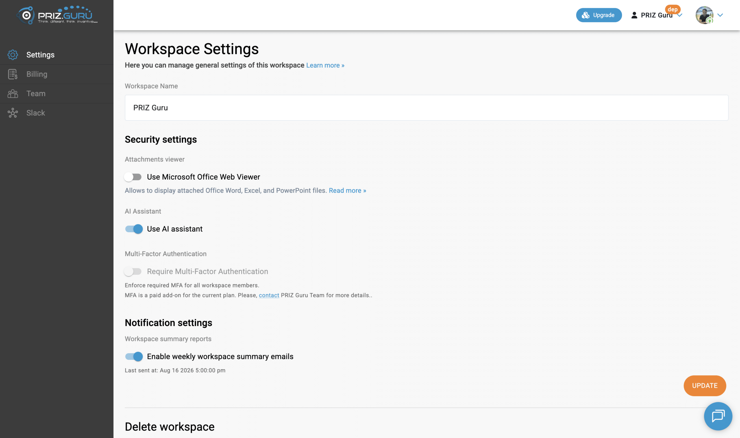 Workspace Name, Security settings, Notification settings, and Update.