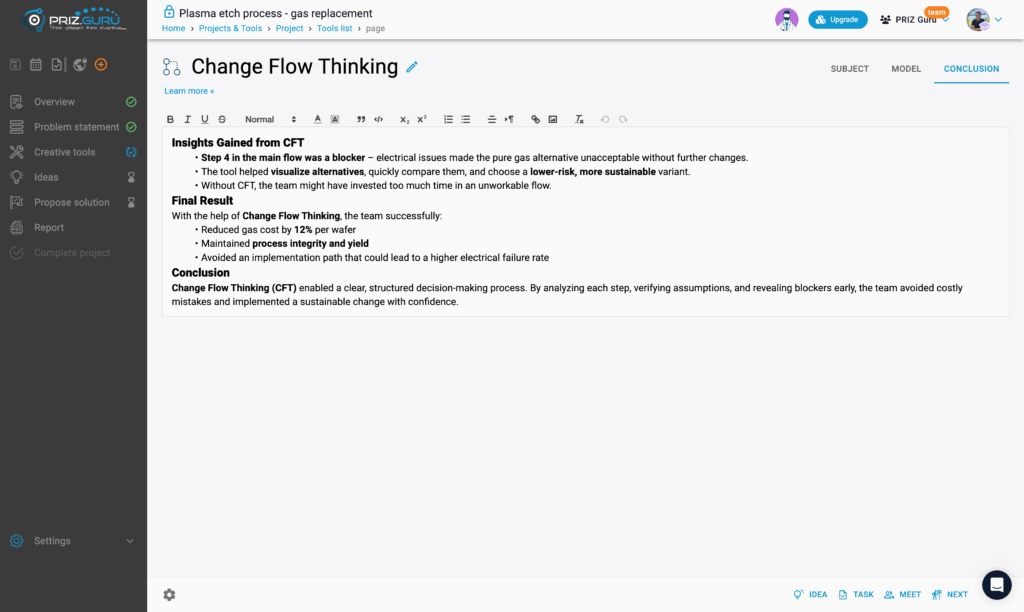 Conclusion Tab of CFT Tool | PRIZ Guru