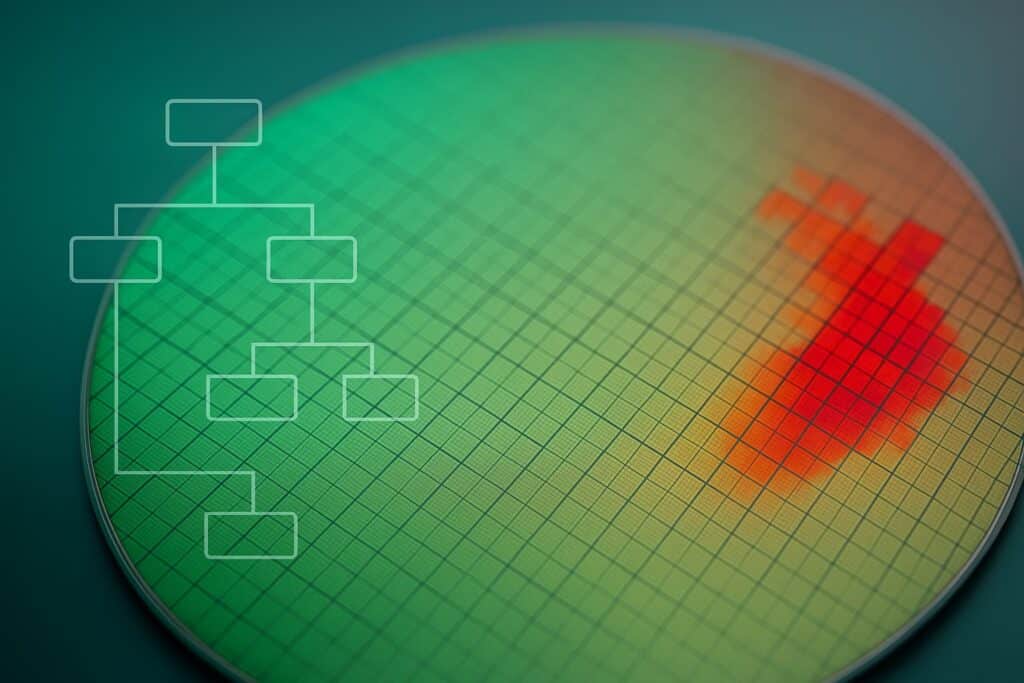 Close-up of a semiconductor wafer showing a gradient from green to red defect zones, overlaid with a simplified Change Flow Thinking (CFT) decision tree highlighting risk-rated process paths.