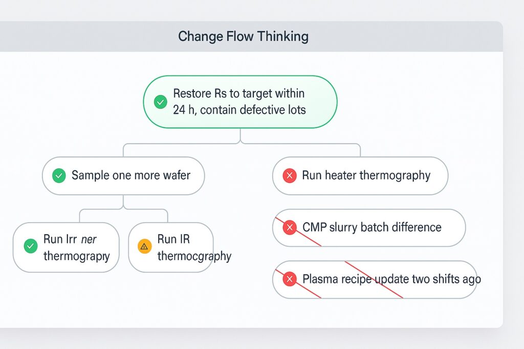 Screenshot of a Change Flow Thinking flowchart for a semiconductor yield excursion, showing green-approved steps on the left and red-rejected alternatives on the right.