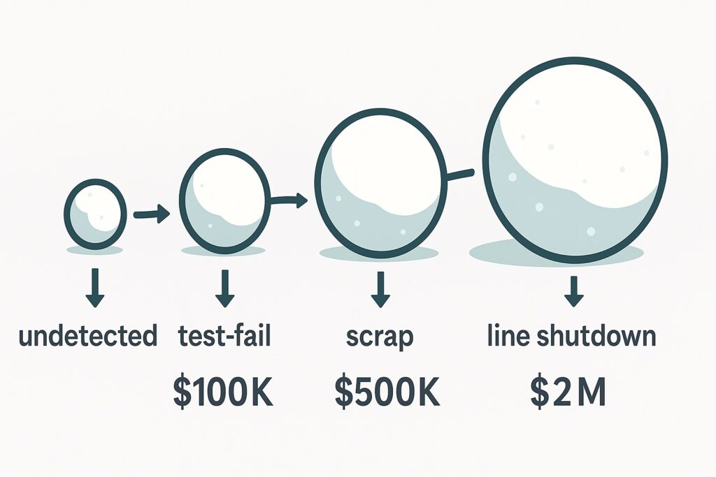 Snowball infographic illustrating yield excursion cost escalation in CFT—from undetected to test-fail ($100 K), scrap ($500 K), and line shutdown ($2 M).