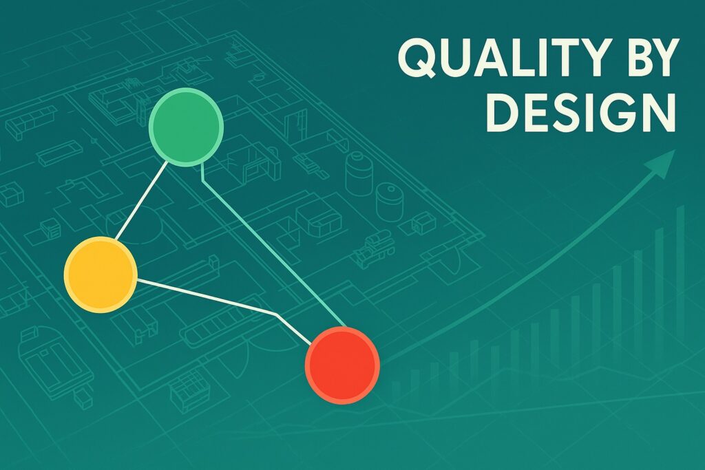 Digital factory floor blueprint overlaid with green, yellow, and red Change Flow Thinking nodes and a rising line graph, illustrating Quality by Design and built-in risk management in every change.