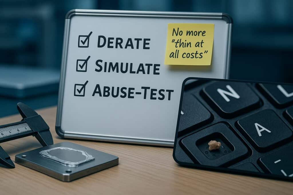 Mechanical imprint and jammed key flanking a checklist that highlights derating, simulation, and abuse testing as the fix.