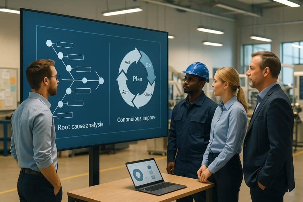Cross-functional manufacturing team using root cause analysis and Kaizen tools on a digital screen to drive continuous improvement.
