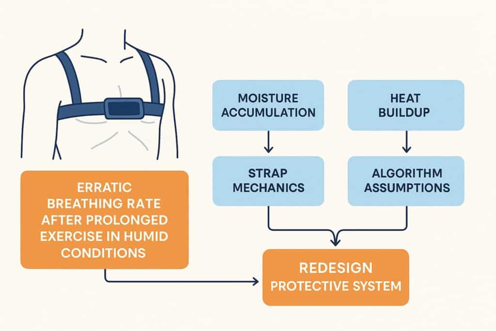 Diagram showing mini case study of root cause analysis for a wearable respiratory monitor with moisture, heat, and algorithm causes leading to a redesigned protective system