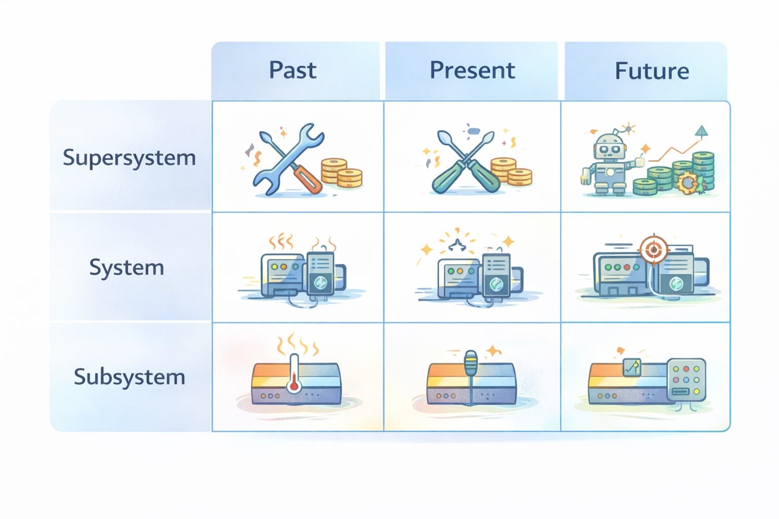 9 Windows grid showing subsystem, system, supersystem across past, present, future.