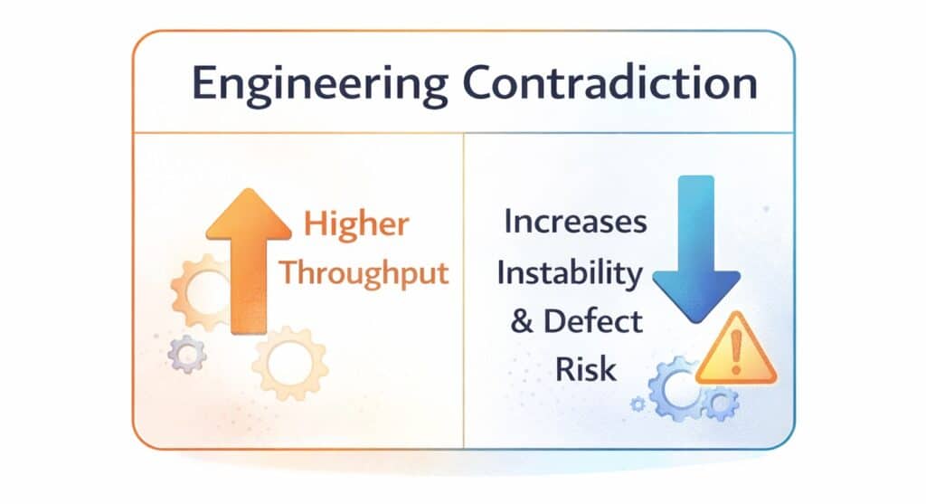 Engineering contradiction: higher throughput increases instability and defect risk.