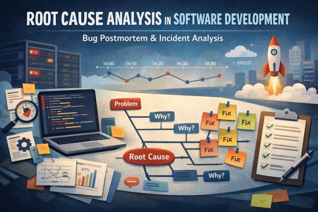 Engineers review a cause-and-effect diagram during a software incident postmortem.