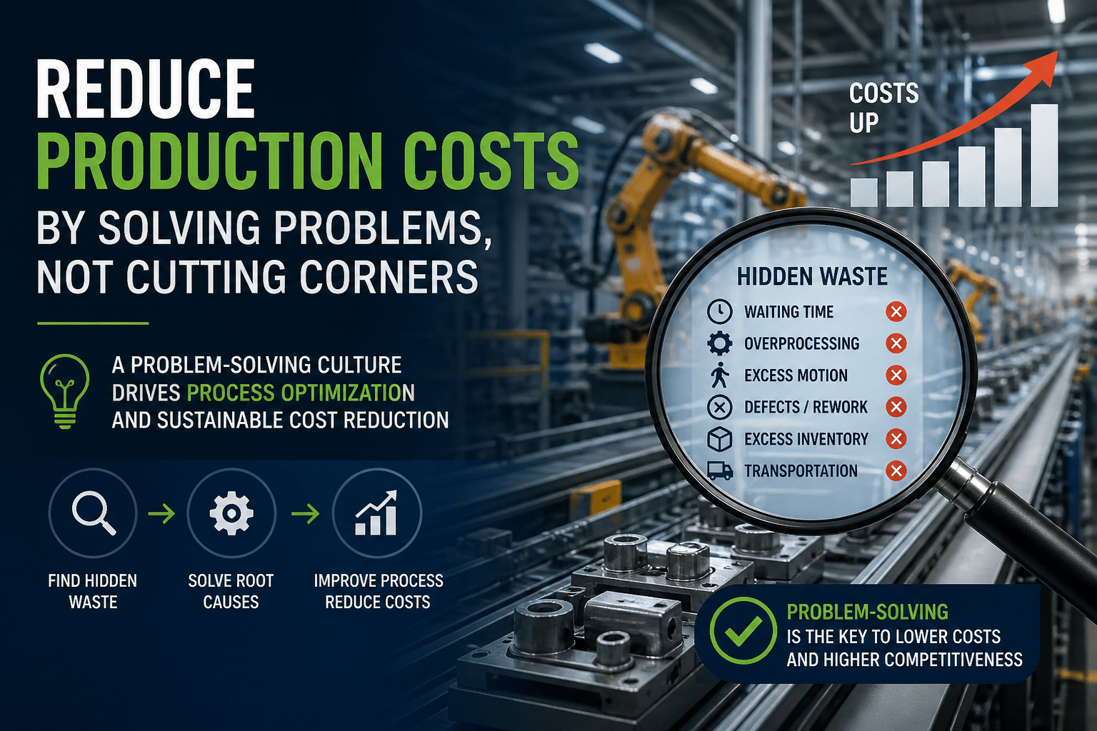 Factory production line showing hidden waste and root cause problem solving to reduce production costs