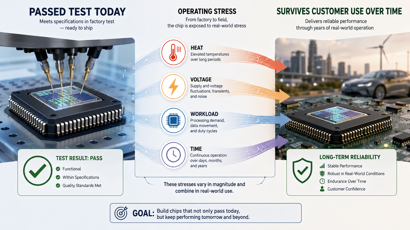 Split semiconductor reliability visual showing a chip that passed factory test on one side and long-term customer use on the other, connected by stress factors such as heat, voltage, workload, and time.