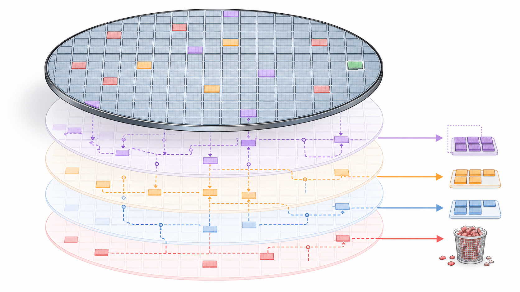 Layered semiconductor wafer map showing final good die highlighted in green above hidden process paths for rework, binning, testing, and scrap.
