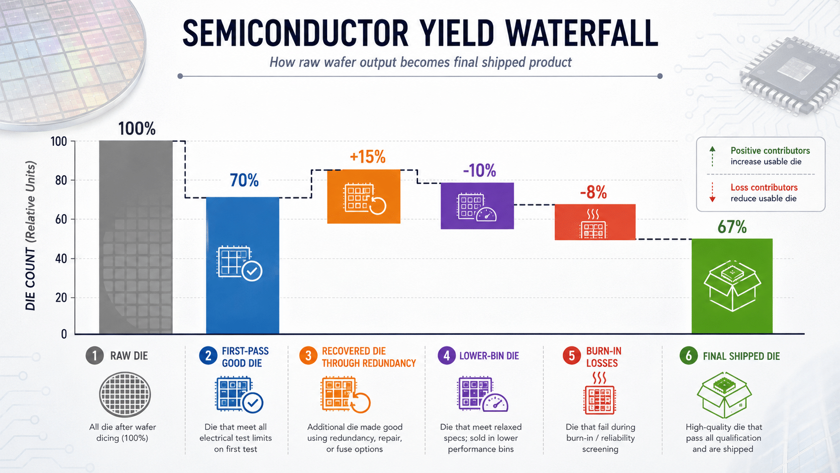 Semiconductor yield waterfall chart showing raw die, first-pass good die, recovered die through redundancy, lower-bin die, burn-in losses, and final shipped die.