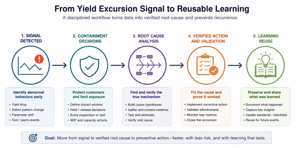 Workflow from yield excursion signal to containment, root cause analysis, verified action, and learning reuse