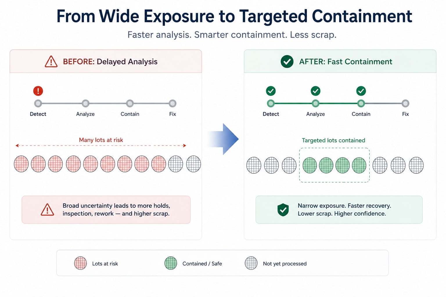 Semiconductor excursion containment showing fewer lots at risk after faster problem analysis.