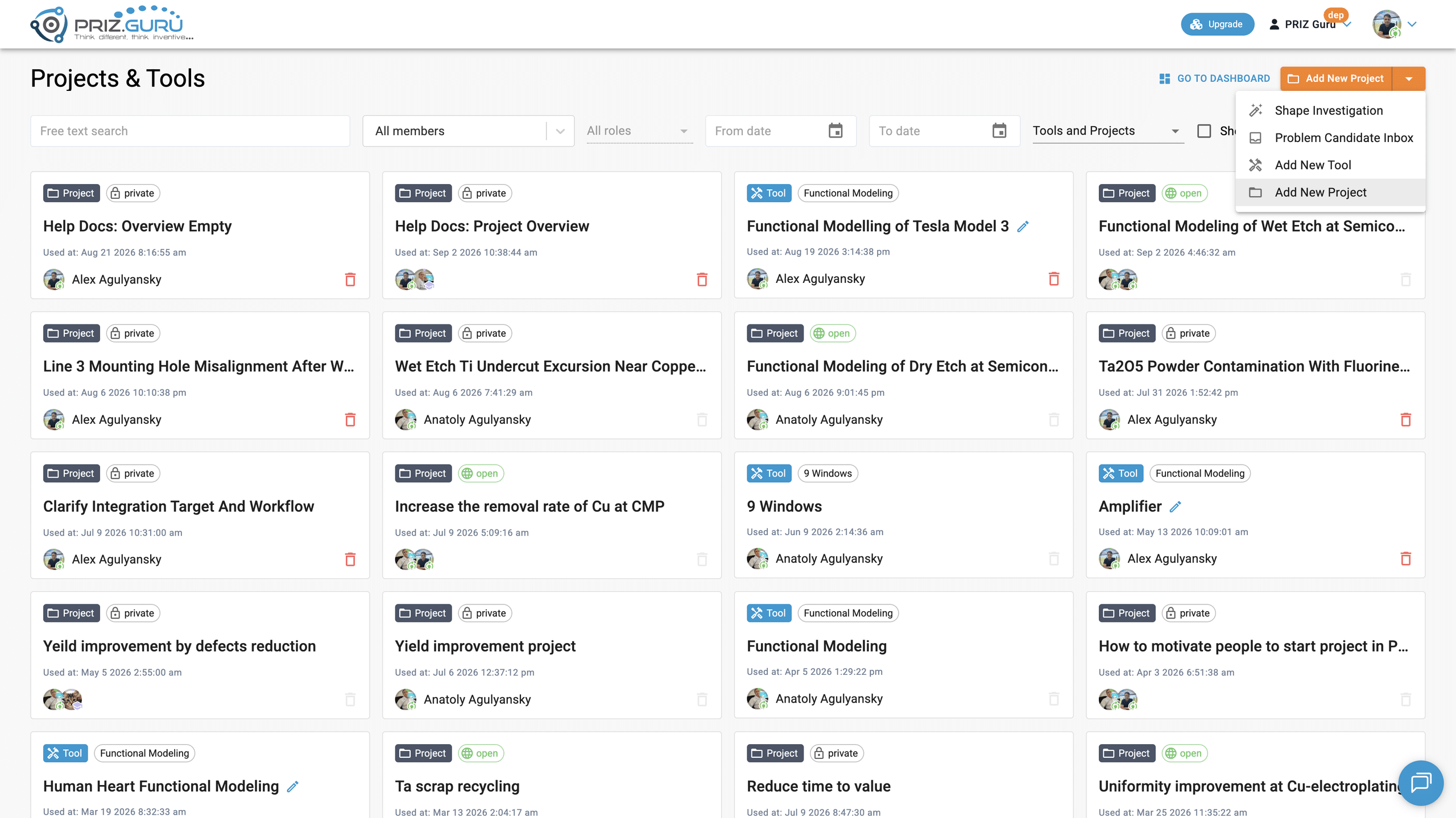 The create menu next to Add New Project. Choose Shape Investigation to start, or Problem Candidate Inbox to open the review queue.