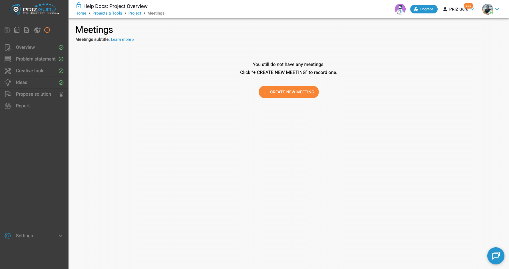 Empty Meetings. Use Create new meeting to open the create dialog.