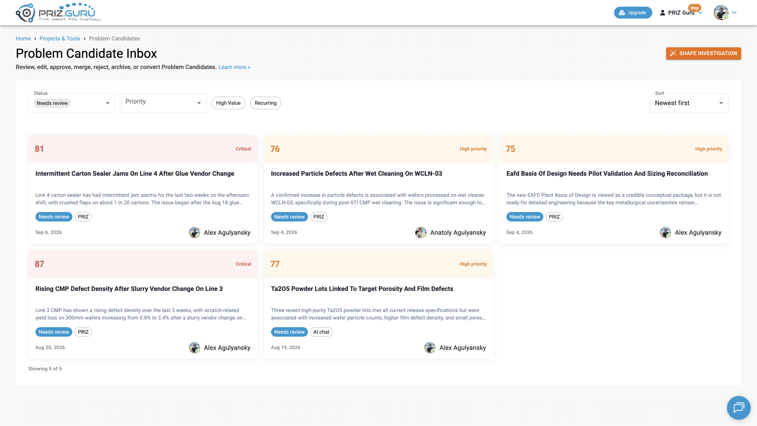 The inbox defaults to Needs review. Shape Investigation is available from the top-right.