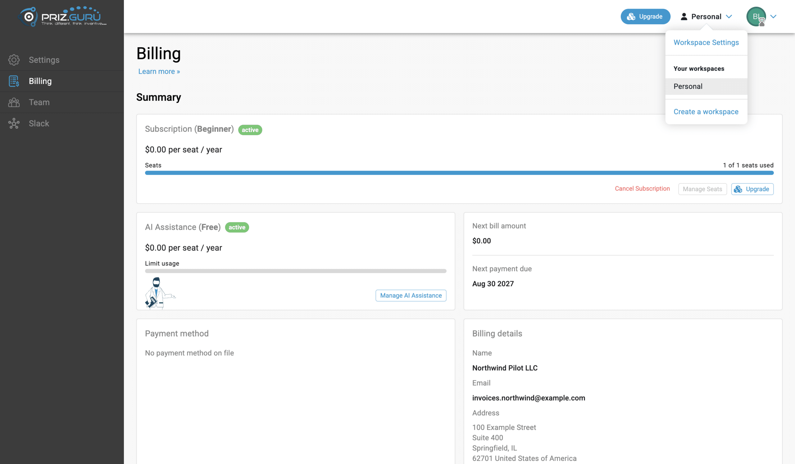 Workspace selector on Billing. Switch workspaces here — each workspace has its own plan and invoices.