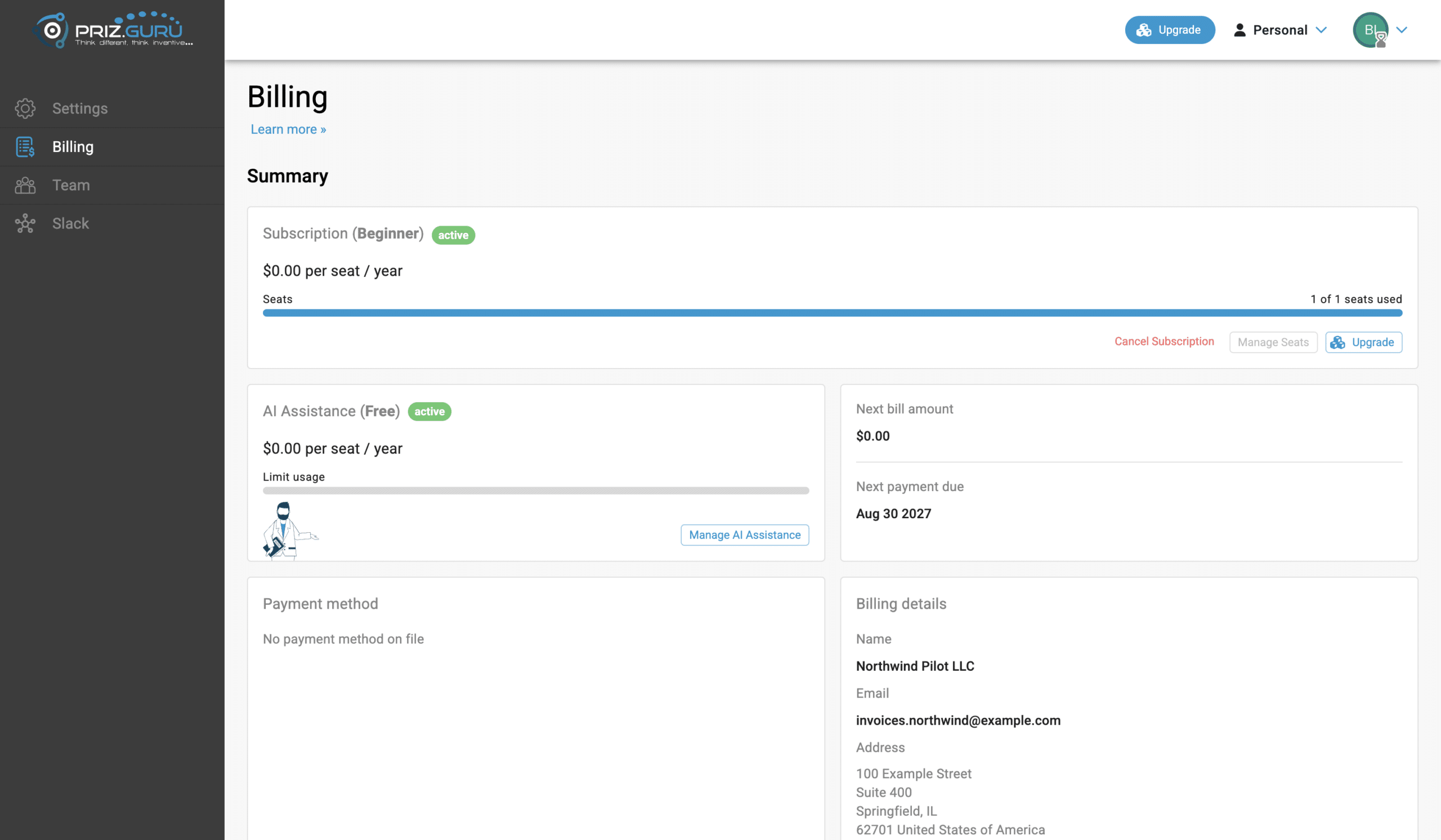 New Personal workspace. Subscription (Beginner) is active at $0.00 per seat / year. Manage Seats is disabled.