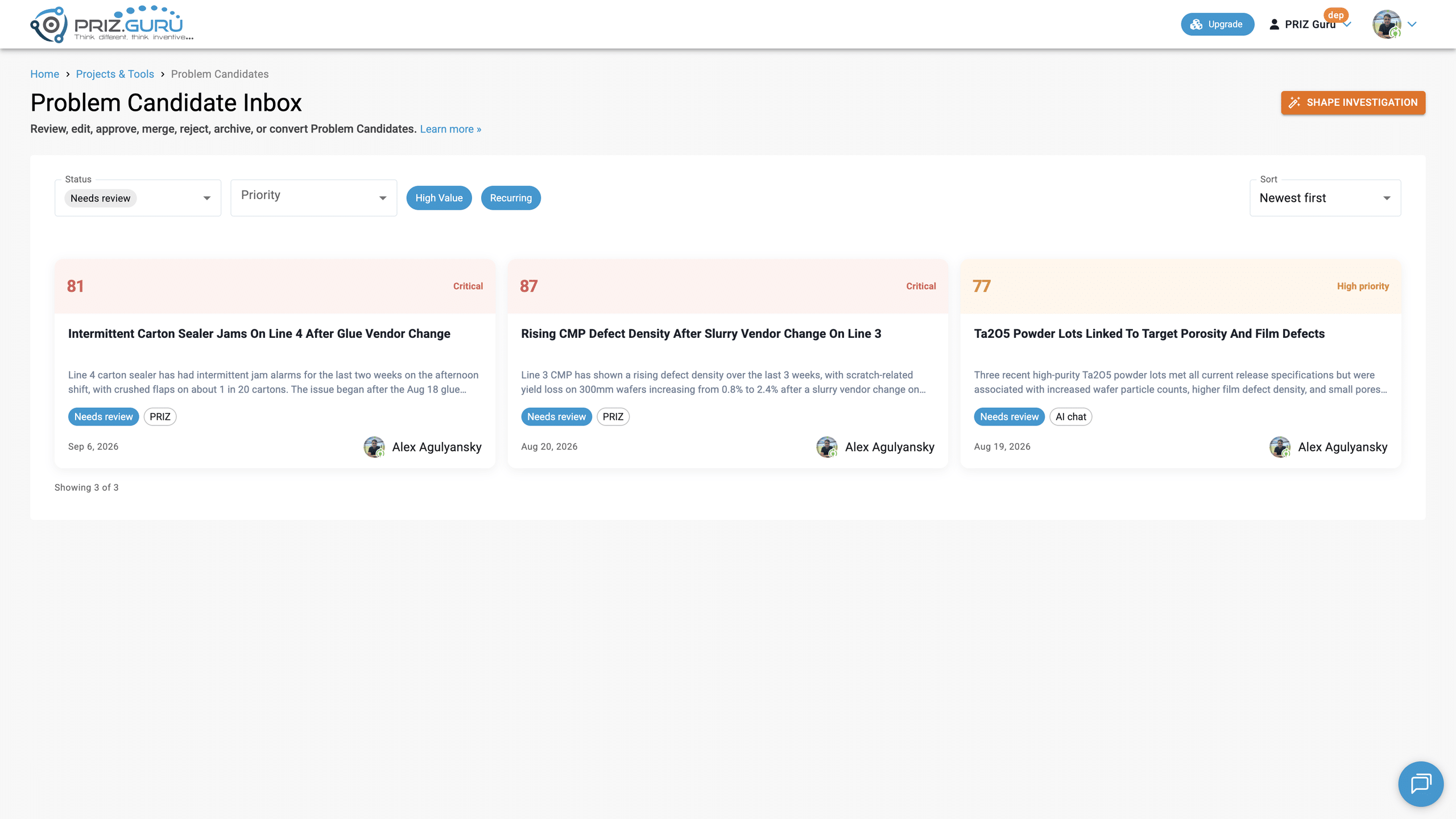 Filters stay in the URL. Status, Priority, High Value, Recurring, and Sort.