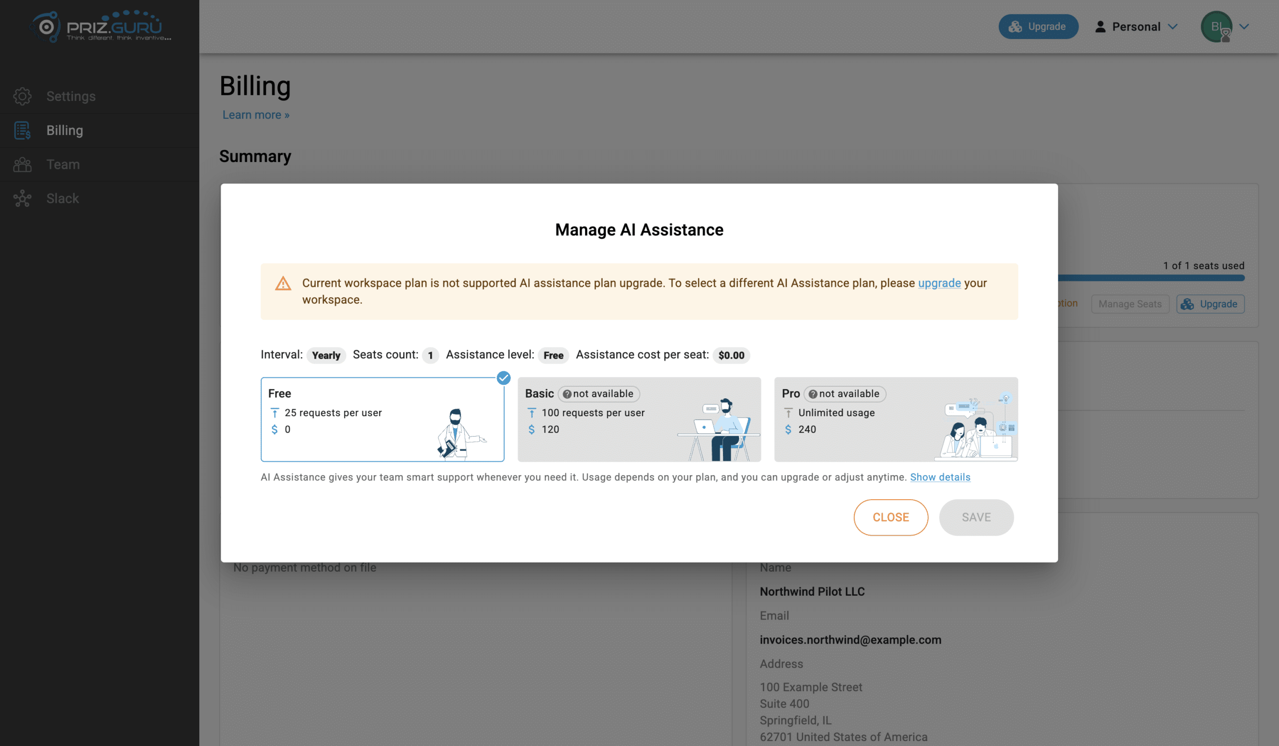 Beginner workspace. Only Free AI is selectable. Basic and Pro are not available until you upgrade the workspace.