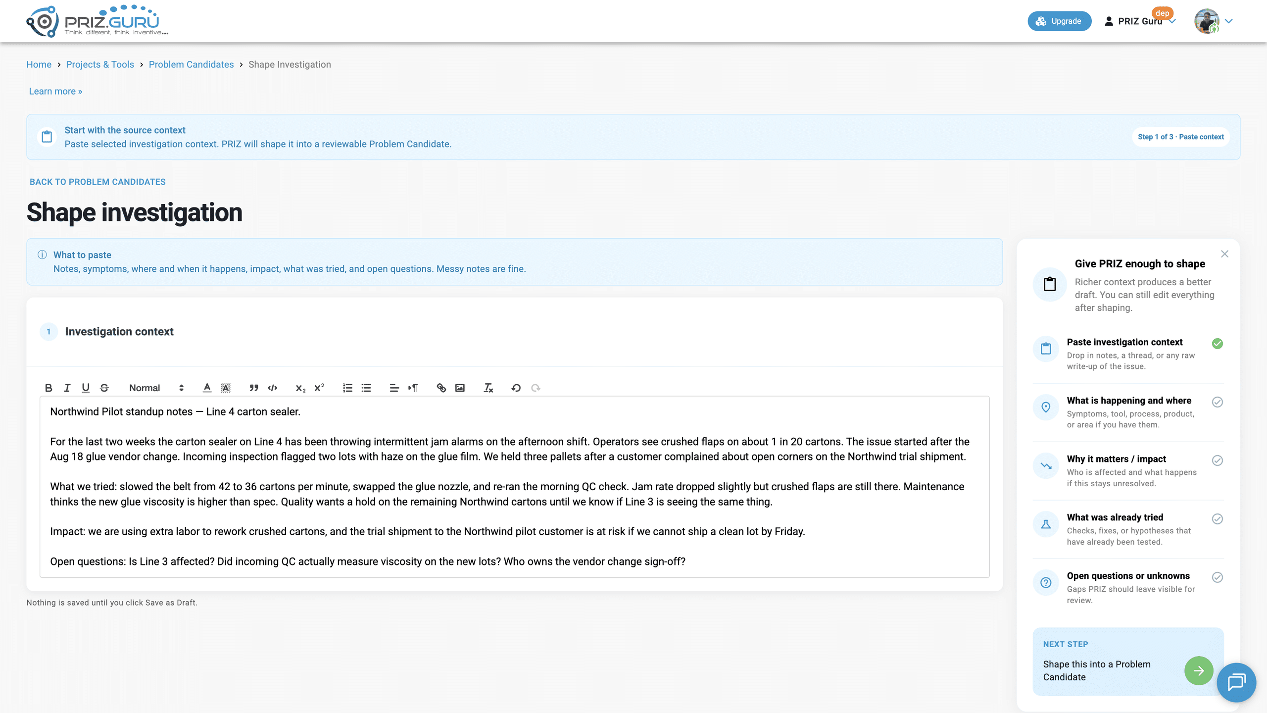 Investigation context filled. The required checklist item is complete. NEXT STEP is ready.