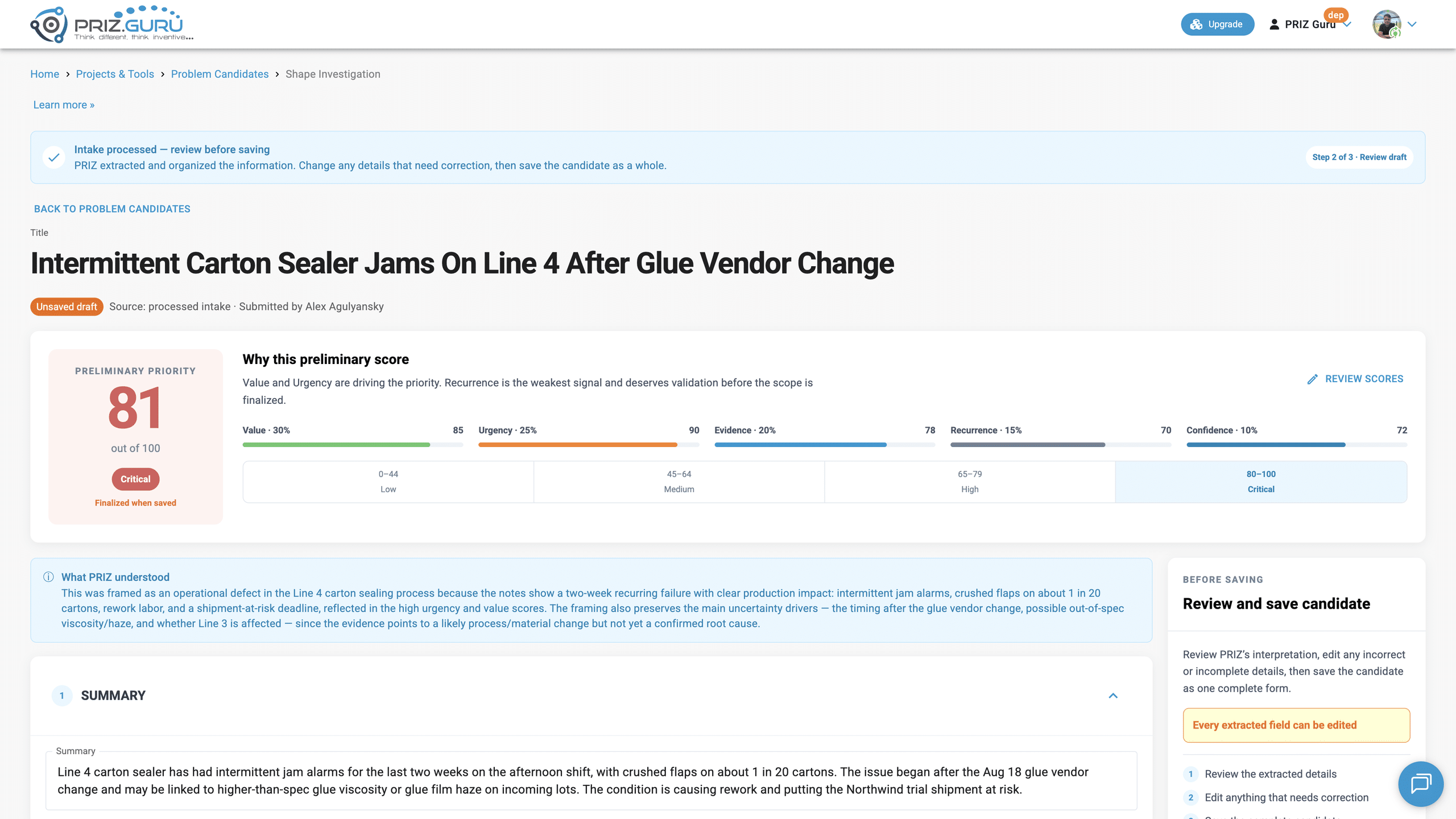 Step 2 of 3. Unsaved draft with Preliminary priority, eight sections, and the Before saving panel.
