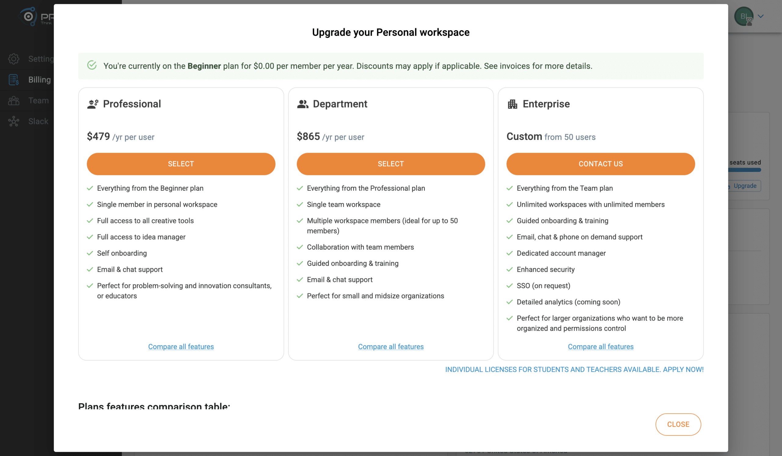 From Beginner: current-plan banner at $0.00, then Professional, Department, and Enterprise.