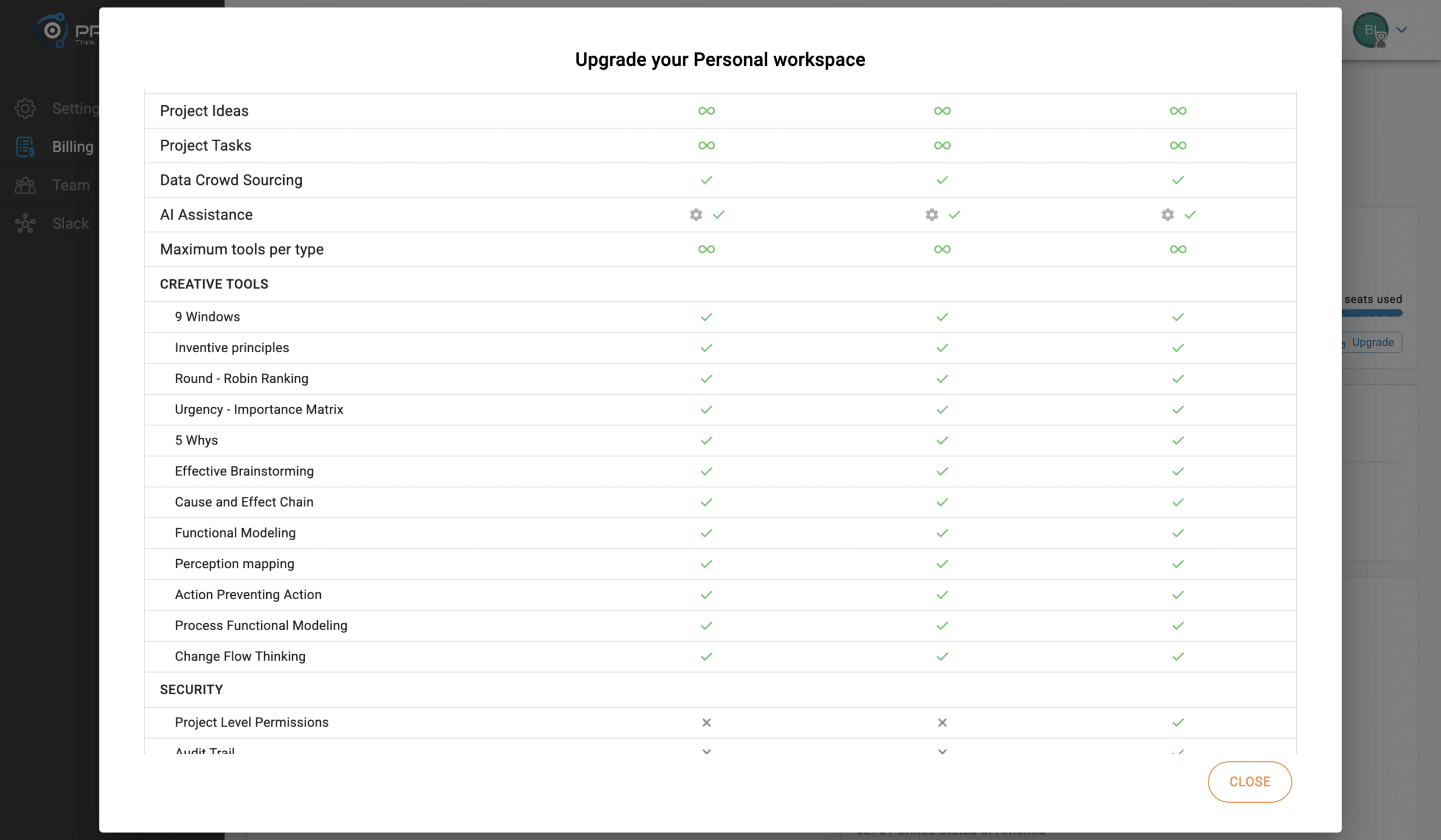 Features and Creative tools rows. Columns are the plans you can compare in this dialog.