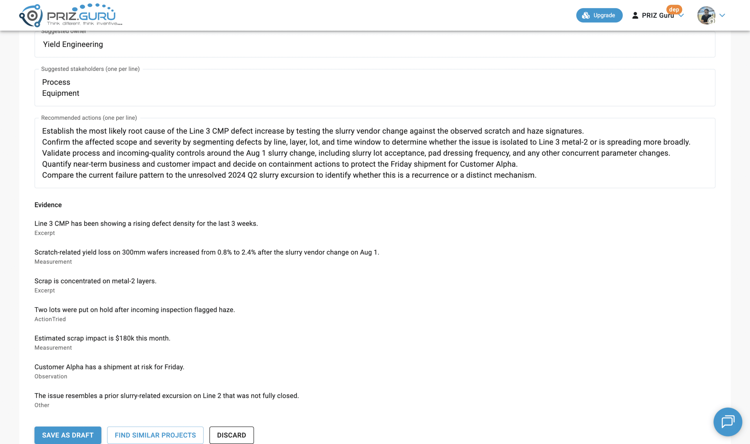 Recommendations, extracted evidence, and the three preview actions: Save as Draft, Find similar projects, and Discard.