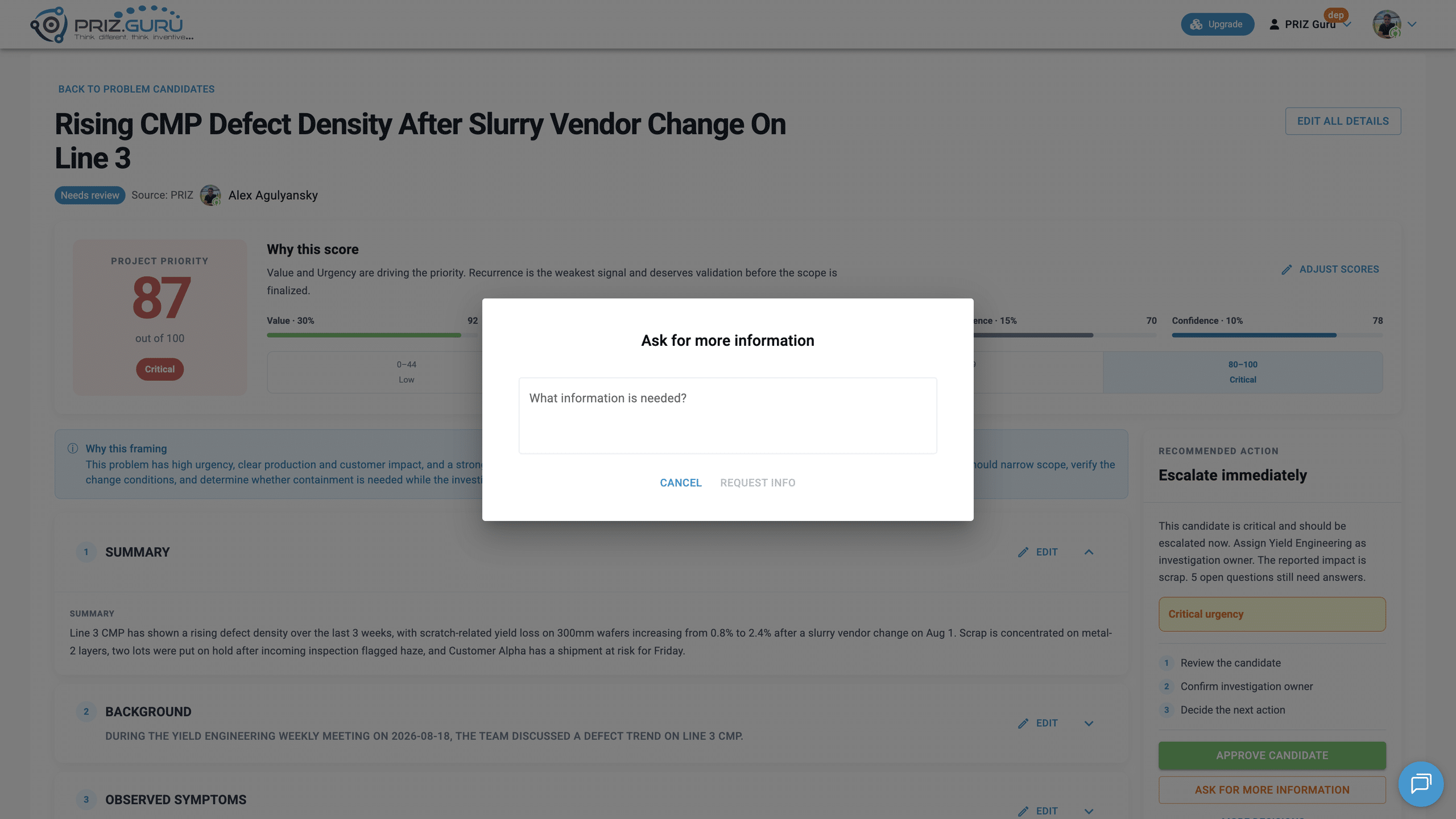 Request info stays inactive until you enter What information is needed?