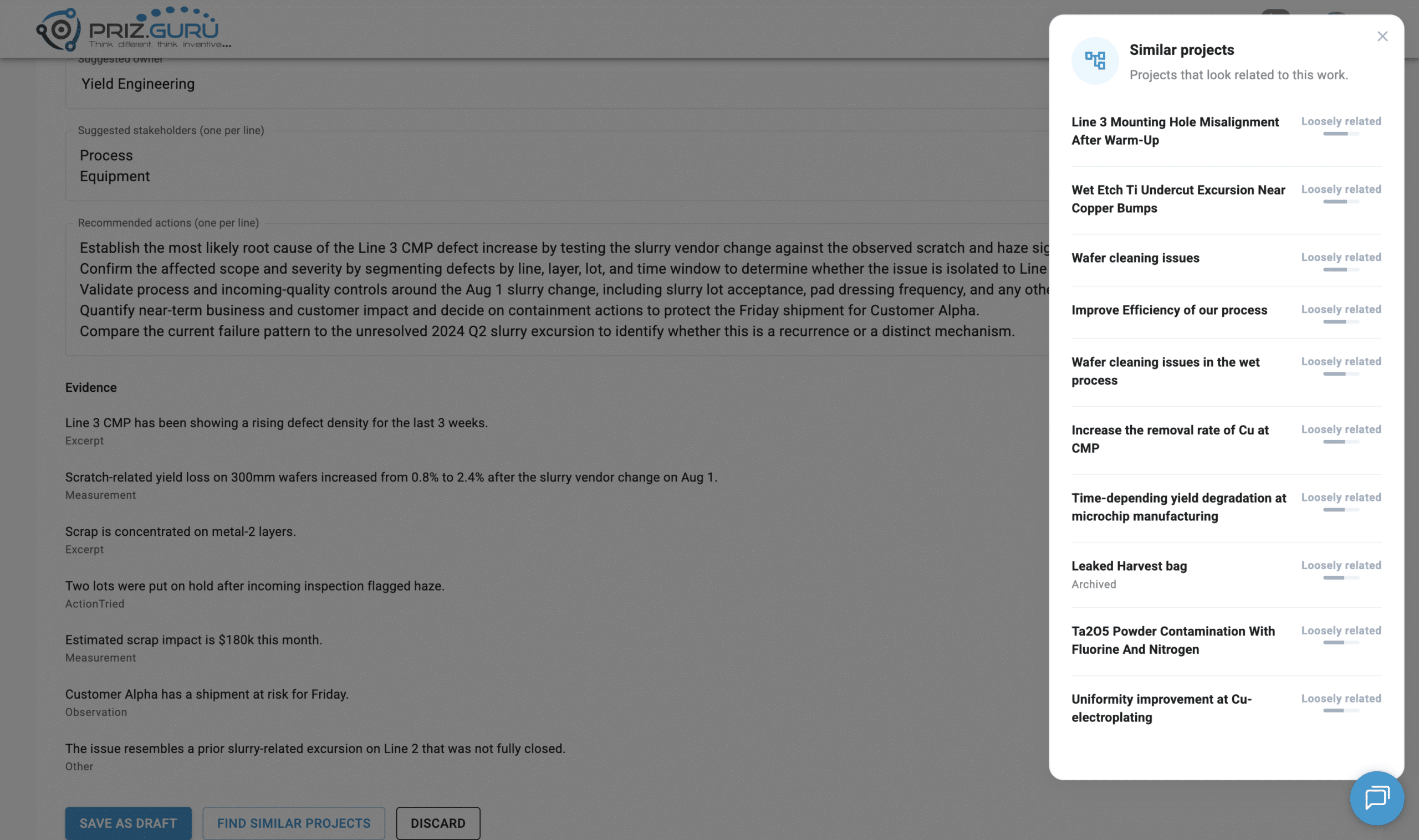 Use Find similar projects before you save, to check whether this issue already exists as a PRIZ project.