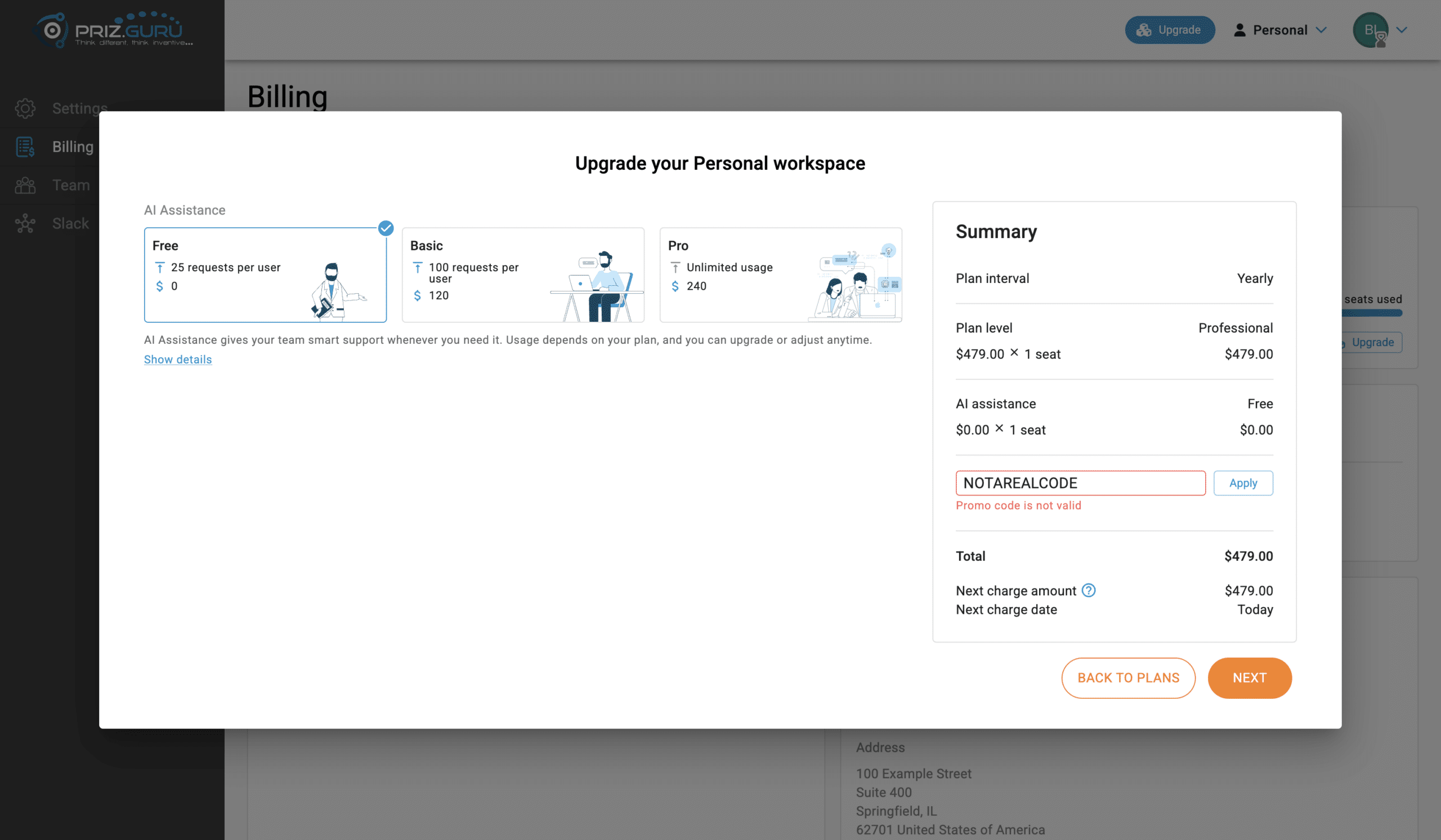 Professional configurator. AI Assistance cards on the left. Summary on the right: Yearly, Professional, 1 seat, promo, total. An invalid promo shows Promo code is not valid.