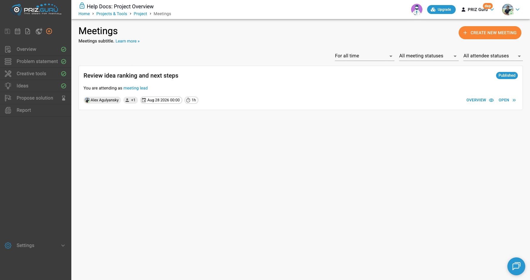 Meetings list with filters (period, meeting status, attendee status). Open a card with Overview or Open.