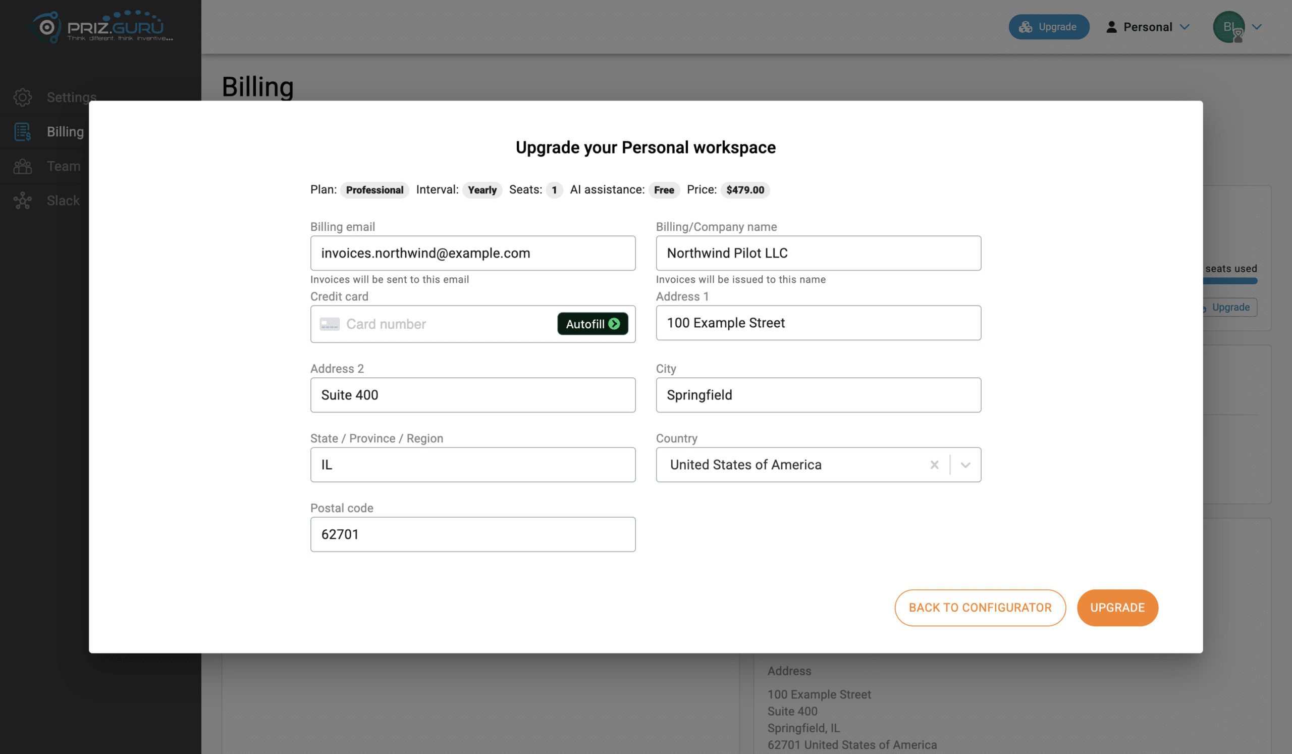 Checkout for Professional, Yearly, 1 seat, Free AI. Fill the invoice name, email, address, and card, then Upgrade.
