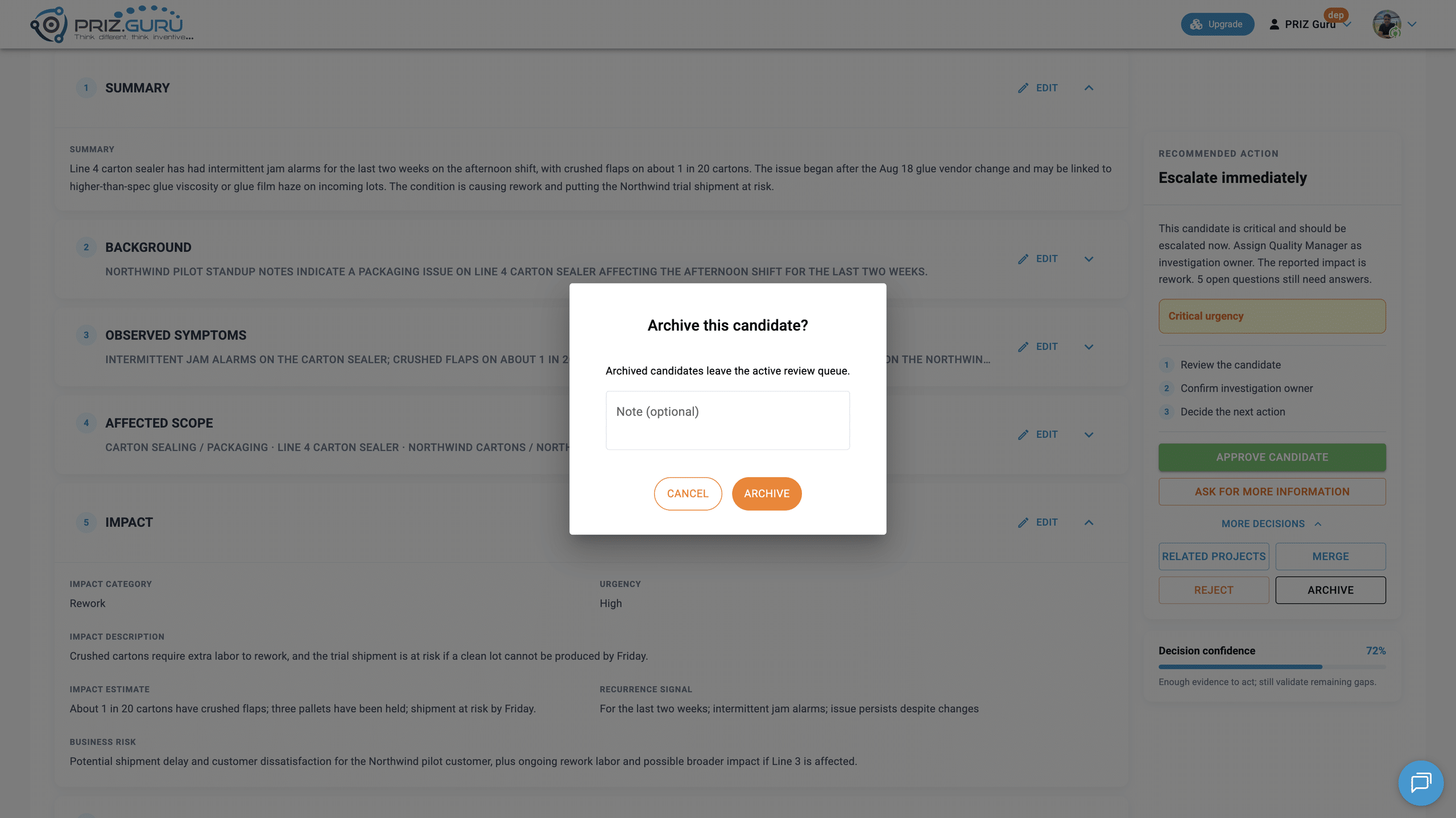 Archive this candidate? The note is optional. Archived candidates leave the active review queue.
