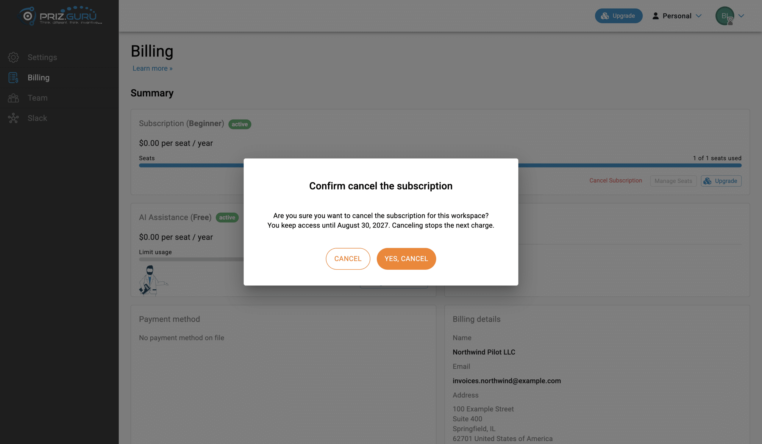 Cancel confirm. Access continues until the paid term ends. Yes, cancel stops the next charge.