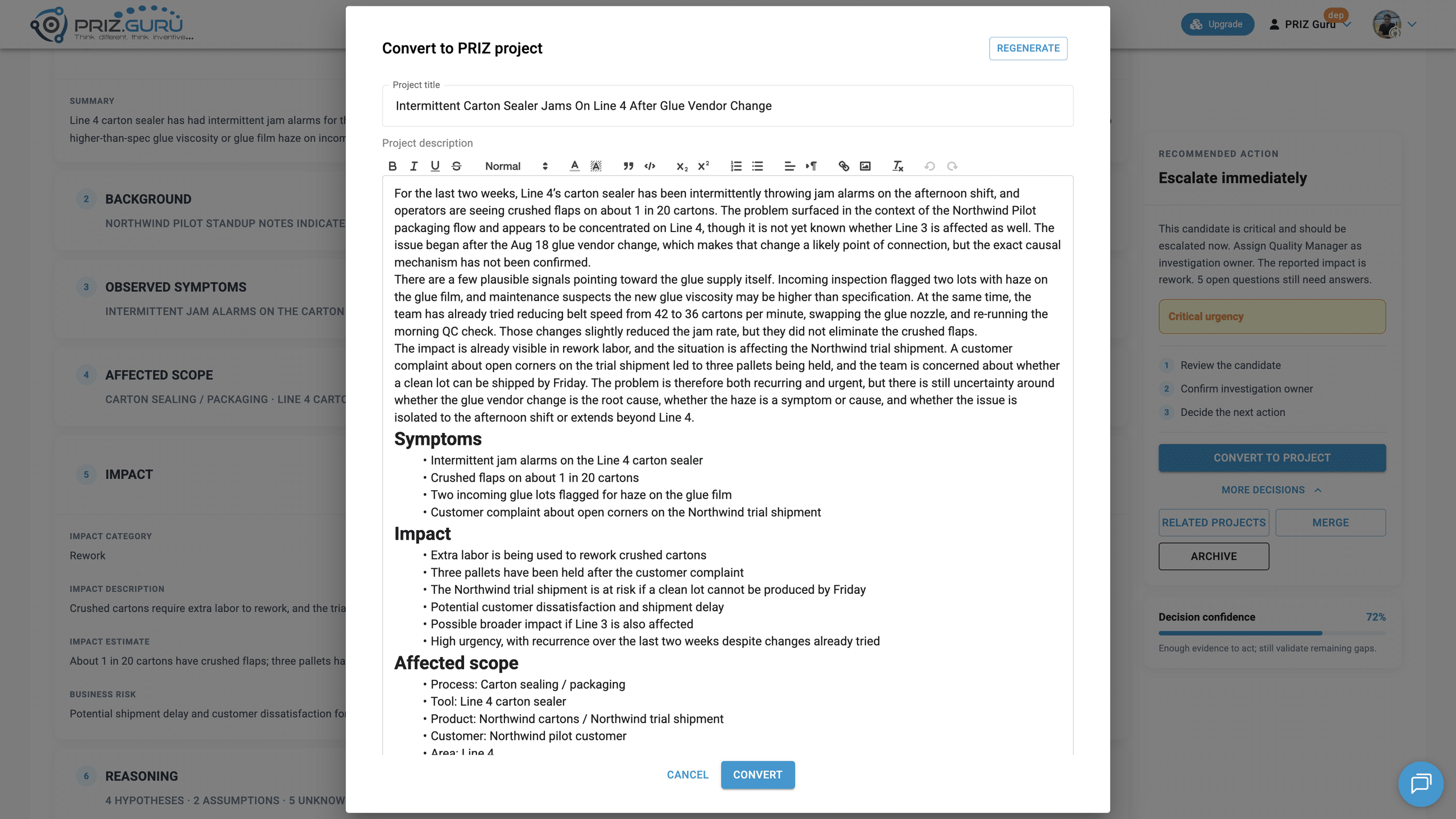Convert to PRIZ project. Review the generated Project title and Project description, or Regenerate.