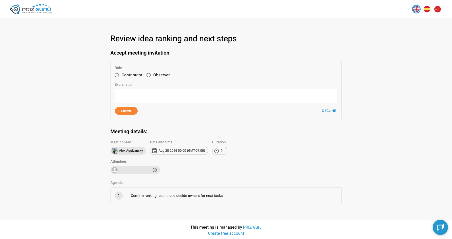 Public invitation page for a non-workspace invitee. Choose Role, write Explanation, then Submit — or Decline.